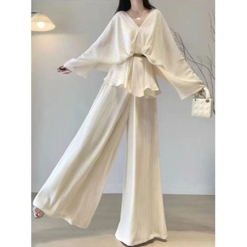 Women's 2026 Early Spring French V-Neck Top & Wide-Leg Pants Set - High-End Style