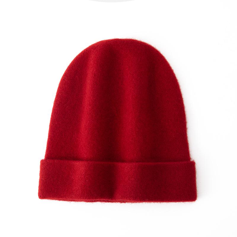 Women's Autumn Winter Cashmere Hat - 100% Pure Cashmere, Solid Watermelon Color, Warm, Large Head Circumference.