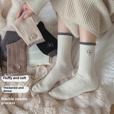 Chaussettes Montantes Femme Automne et Hiver Broderie Nœud Papillon Bord Ourlet Couleur Assortie Respirantes Absorbent la Sueur