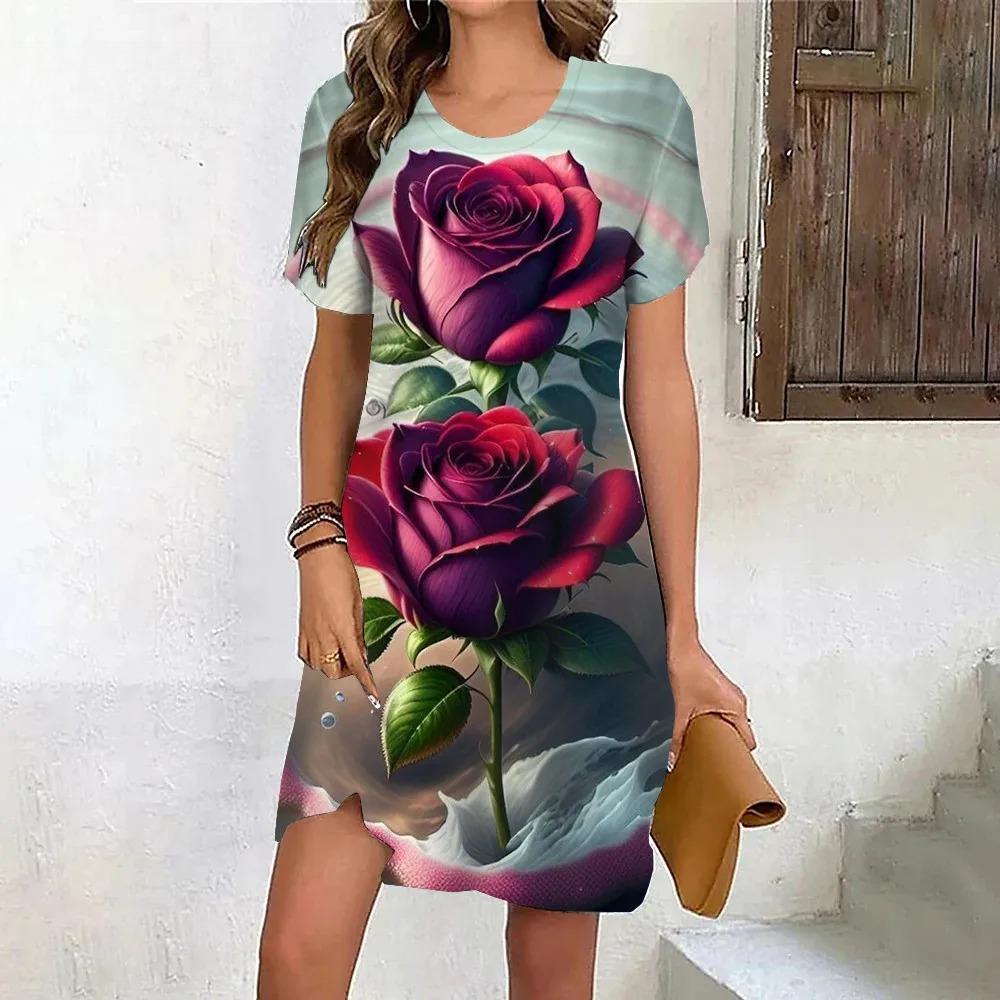 New Summer Beach Party Dresses For Women Vintage Tie Dye Red Rose Flower Print Dress Short Sleeve Pullover Loose Plus Size Dress