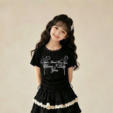Girls Summer Block Short Sleeve T Shirt Dress Set with Bow for Kids