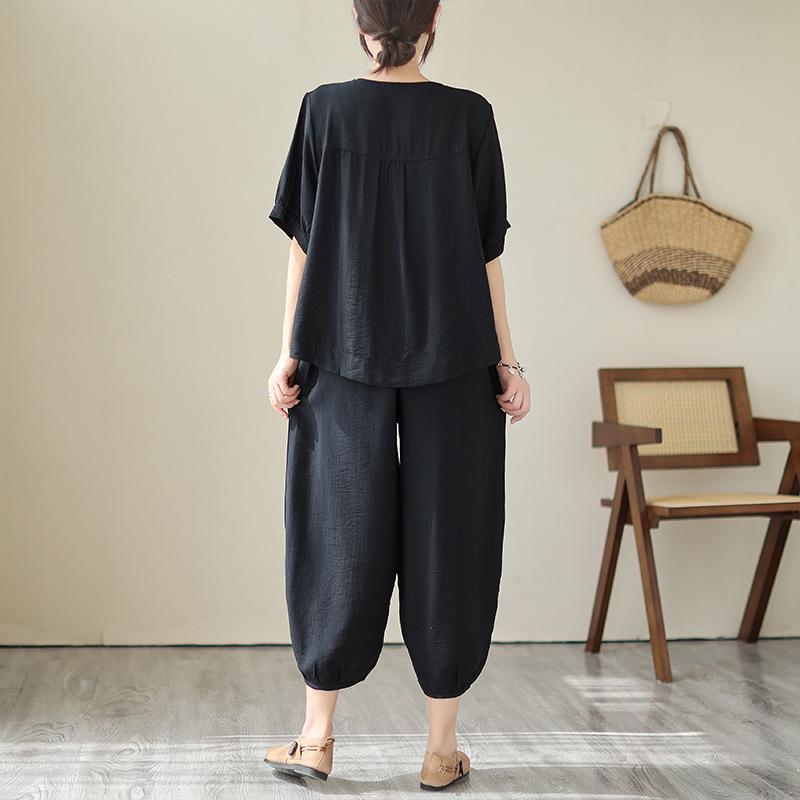 

2026 Ethnic Tencel Linen Embroidered Women s Summer Plus Size Slimming T-shirt & Pants Set XL чорний