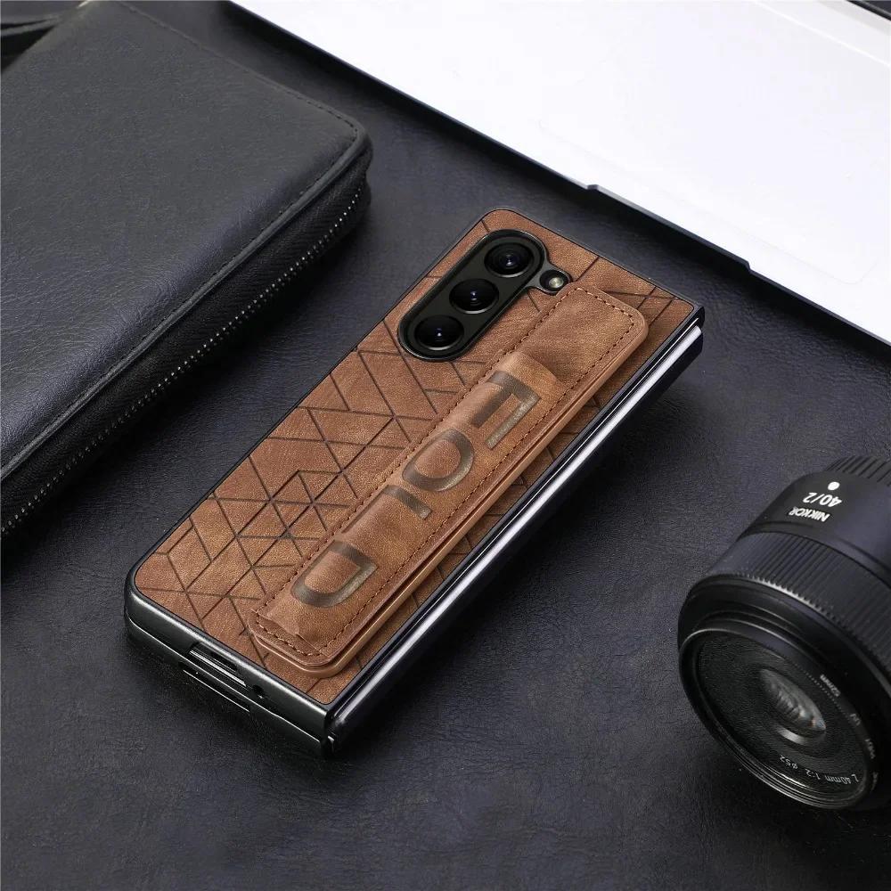 PU Leather Wrist Strap Cover for Samsung Galaxy Z Fold 6 5 4 3 5G Hard Phone Case with S Pen Holder & Finger Grip(no Pen)