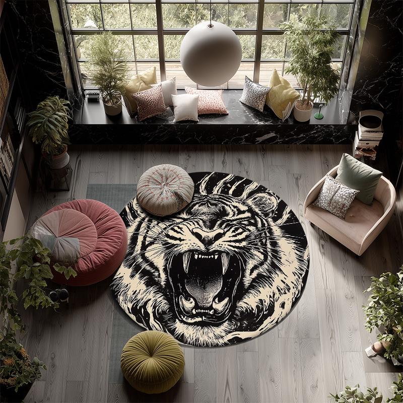 Black and White Tiger,Round Area Rug,Carpet Rug for Living Room Bedroom Sofa Playroom Decor,Non-slip Floor Mat