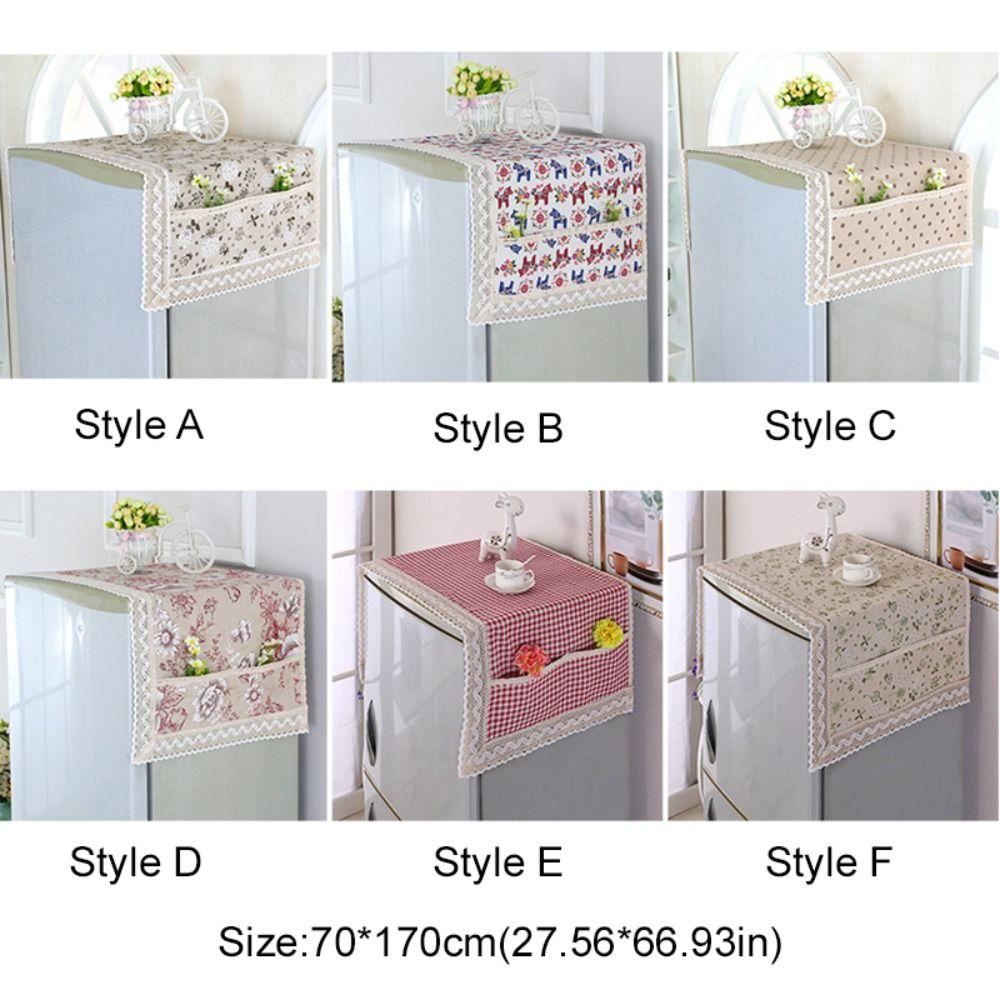 Cotton Linen Refrigerator Dust Cover with Pocket Printed French Door Refrigerator Cloth Lace Trim Fridge Protection Cover