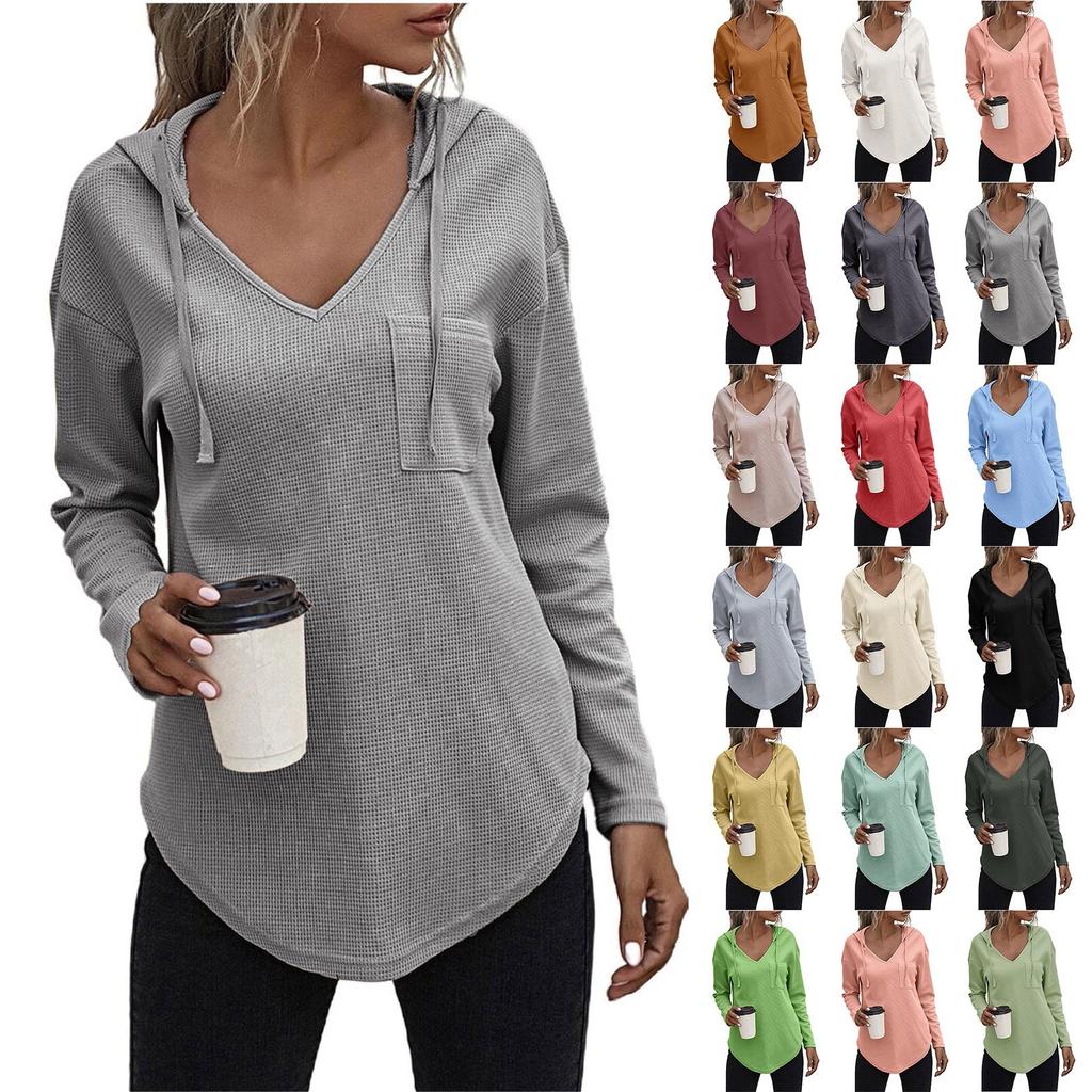 Dámská mikina pro volný čas, dlouhý rukáv, jednobarevný, sportovní svetr s výstřihem do V, s kapsami