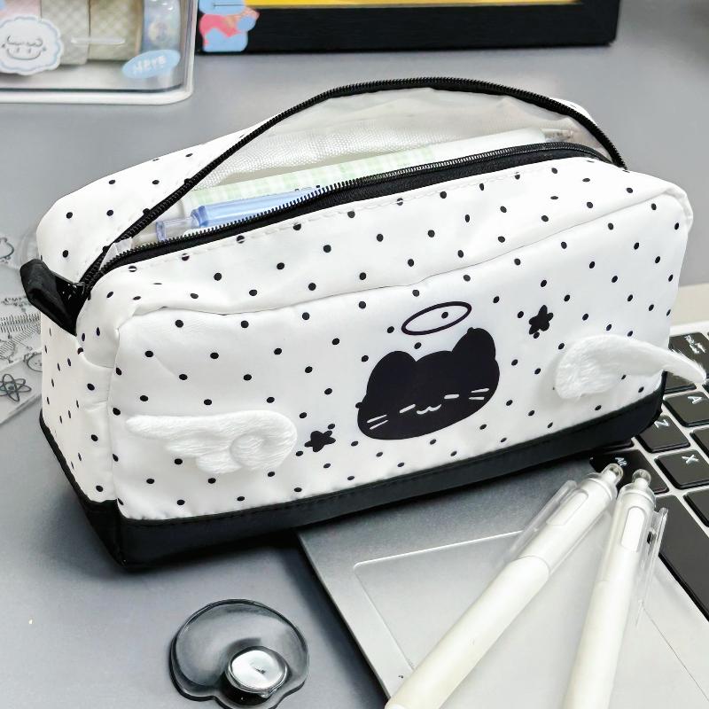 Black Polka-Dot Angel Cat Pencil Case,Large-Capacity Student Stationery Organizer
