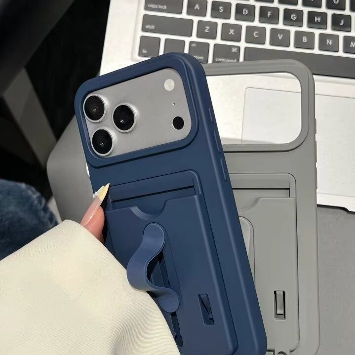 Luxury Card Slot Armor Plain Color Case For 17 Air 16 15 14 13 12 11 Pro Max Plus Shockproof Stand Grip Matte Back Cover