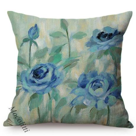 Spring Decoration Blue Flower Blue Birch Cherry Dogwood Blossoms Branch Oil Painting Design Cushion Cover Sofa Throw Pillow Case