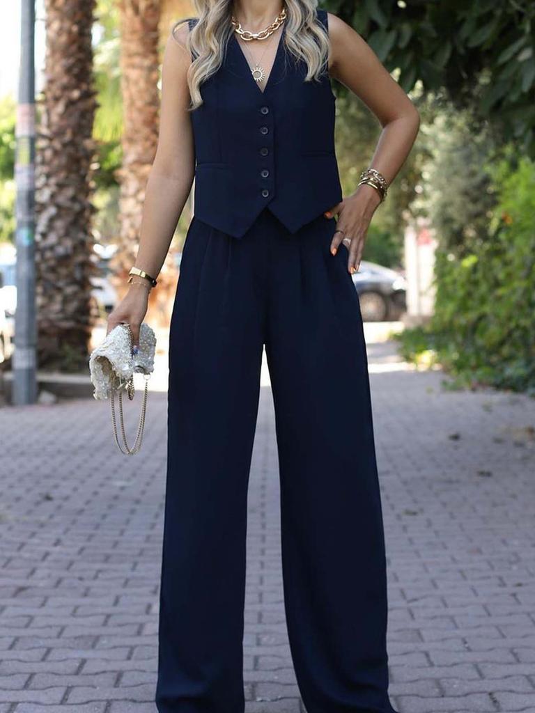 Women's Spring New Arrivals V-Neck Sleeveless Vest Wide Leg Pants Casual Set