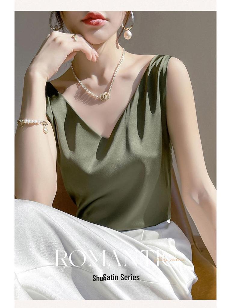 Women's V-Neck Silk Satin Camisole Top - Sleeveless Triacetate Base Layer for Spring.