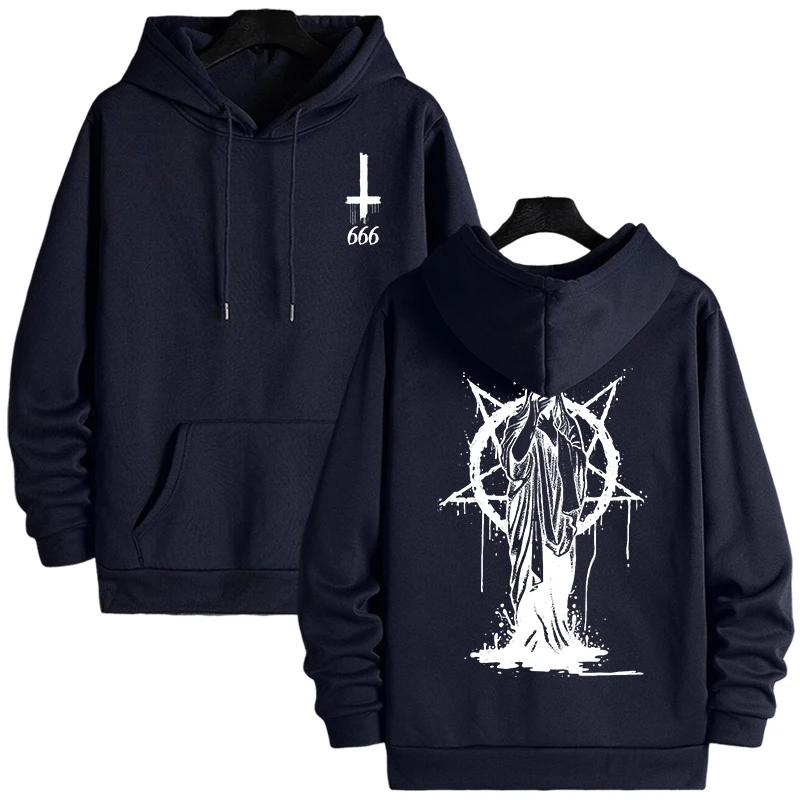 2025 Trendy Mens Hooded Sweatshirts Satan Demonic Print Autumn Winter Casual Sportswear Urban Streetwear Male Top Men's Clothing