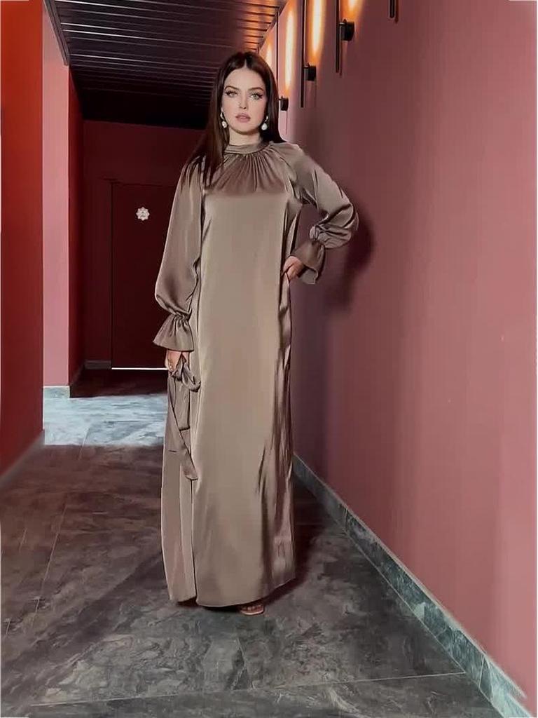 2023 Autumn Solid Color Satin Long-Sleeve Loose Dress with Belt for Women