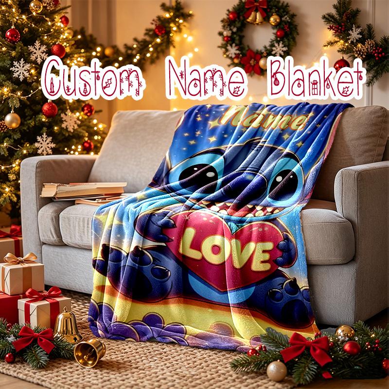 [Stitch Heartfelt Letter Blanket] Custom Name Throw Blanket for Bed Sofa, Holiday Gift Blanket for Family and Friend