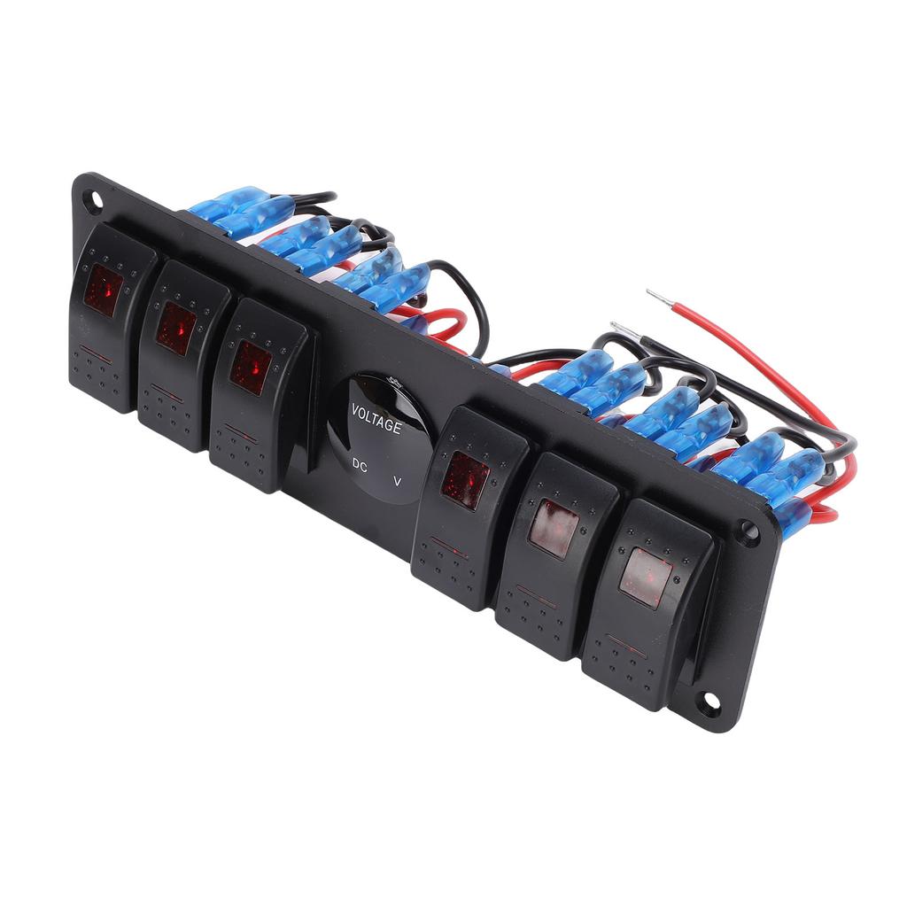 6 Gang Rocker Switch with Voltage Digital Display Red Backlit Pre Wired Water Proof Switch Panel for Vehicles