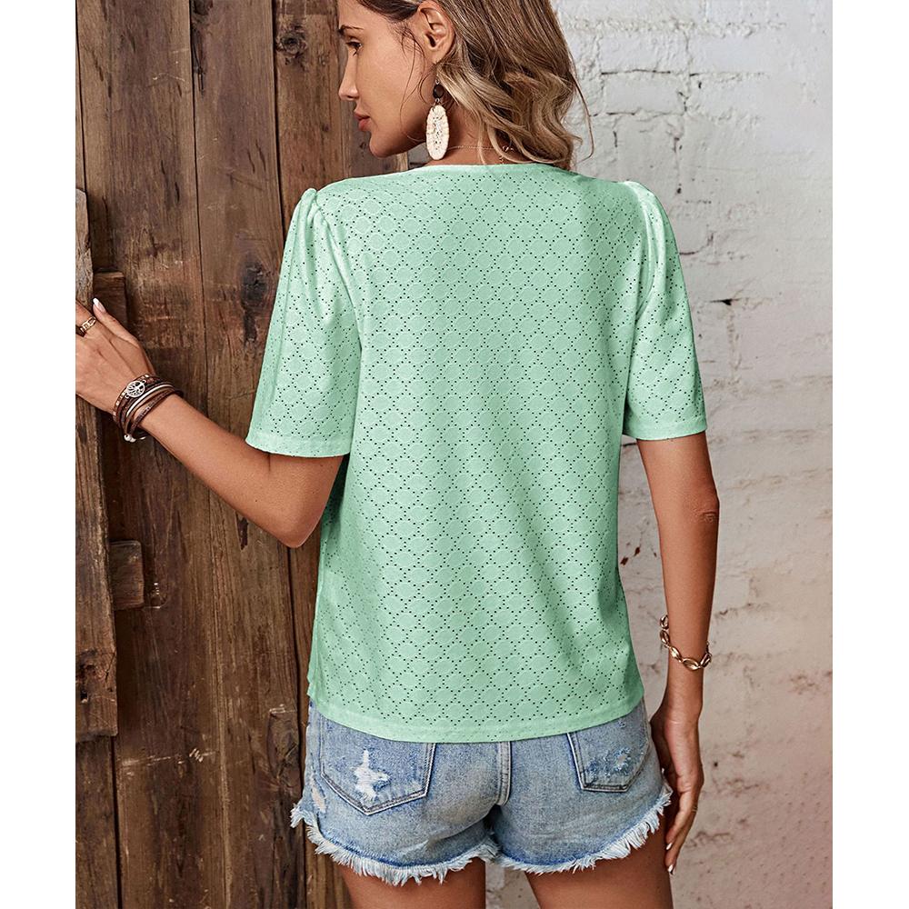Dressy Summer Eyelet Tops for Women Short Sleeve Lace V Neck Tunic Blouse Loose Button Up Casual Tee Shirts