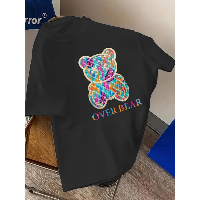 

European sizes Casual White Women s Graphic T-Shirt | Over Bear Crew Neck Short Sleeve Tee with Colorful Bear & Floral Design 4XL чорний