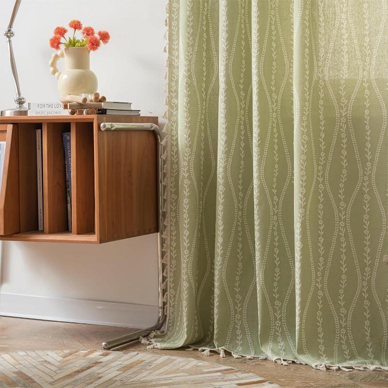 Pruhované Květinové Boho Závěsy do Ložnice Obývacího Pokoje, Bohémské Vintage Střapce Okenní Dekorace Závěs pro Domácí Dekorace Kapsa na Tyč, 1ks