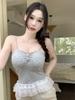 #Human Cotton Sweet Wind Polka Dot Lace Splicing Sling Vest with Lace Hem Slim Fit One-piece with Chest Pad
