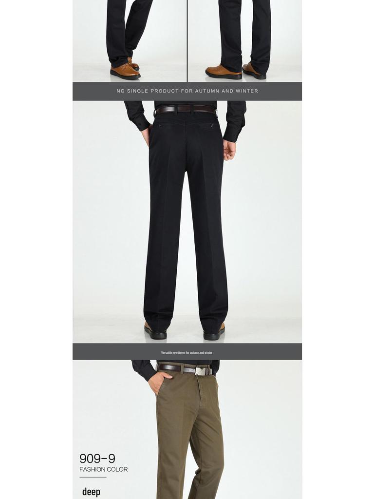 Men's Cotton Casual Pants - Autumn/Winter, Loose Fit, High Waist, Straight Leg, Middle-Aged To Elderly