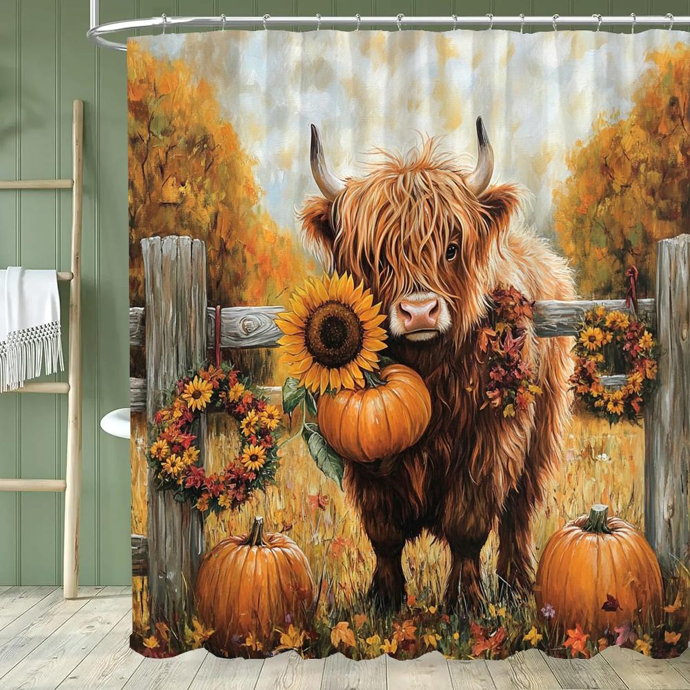 Cute Highland Cow Shower Curtain,Farmhouse Rustic Cow Animal Floral Bathroom Curtain,Decorative Fabric Home Curtain With Hooks