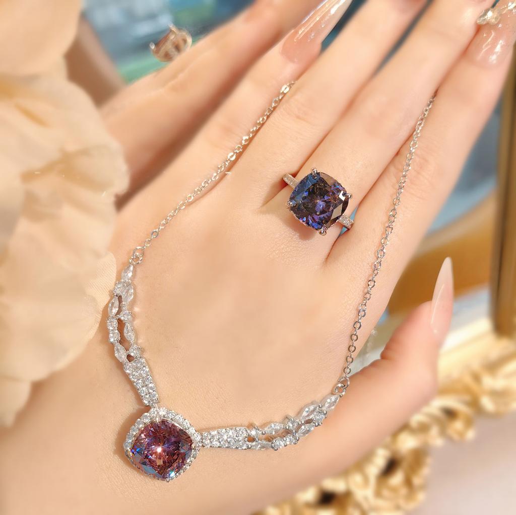 Seiko Luxury Princess Square Diamond Dry Rose Angel Wings Necklace Set Simulation Alexandrite Ring Women
