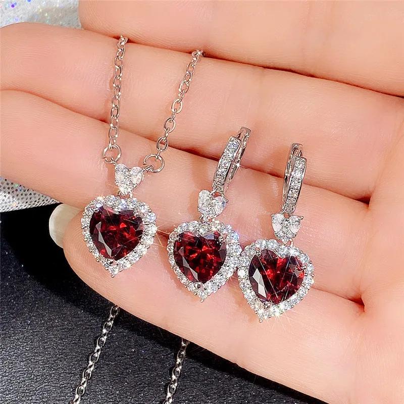 

Blue Lover Heart Rhinestone Long Pendant Full Crystal Silver Color Necklace & Earrings Elegant Bridal Wedding Set