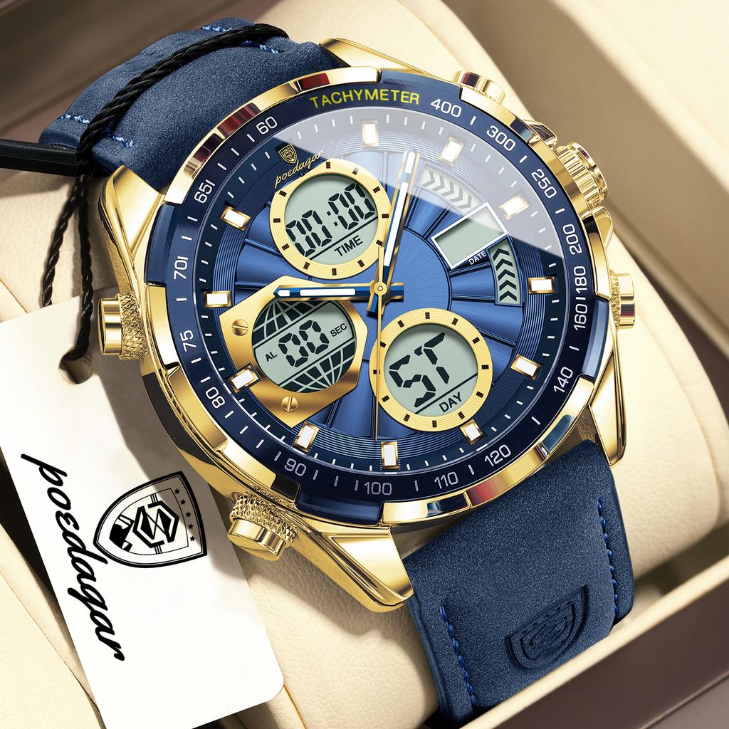 POEDAGAR Men Wristwatch Week Date Digital LED Quartz Fashion Clock Alarm Dual Time Display Electronic Luminous Watches