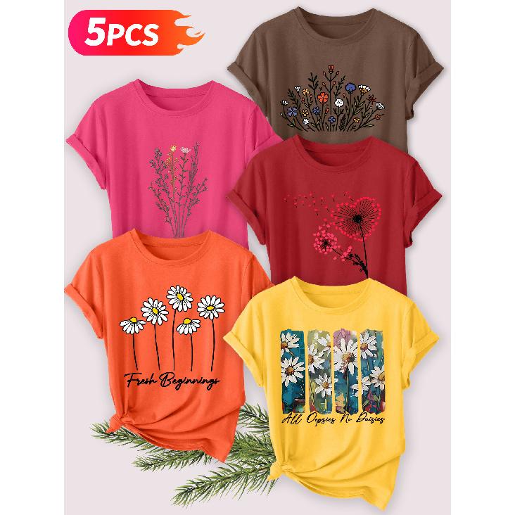 Five-piece set Elegant short-sleeved shirt for women Artistic floral print round-neck women's short-sleeve shirt suitable for spring and summer