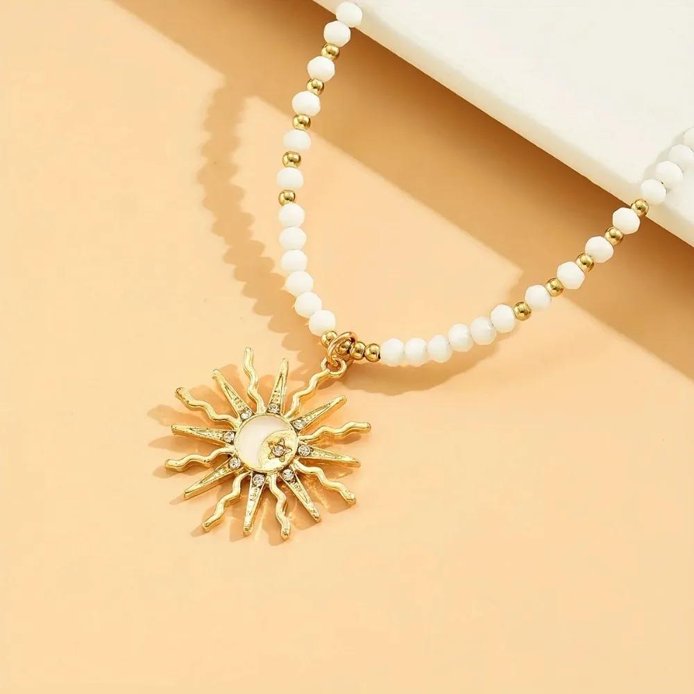 Metal Sun Star Pendant Necklaces for Women Bohemian Colorful Beads Chain Necklaces Handmade Exquisite Jewelry