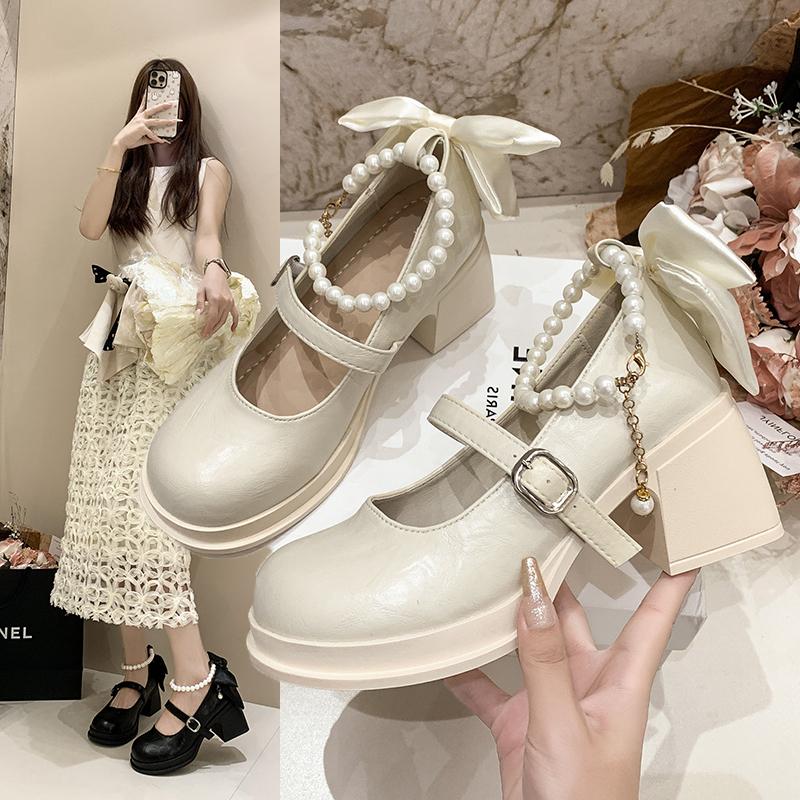 Fashion Butterfly-knot Thick Heel Women Mary Jane Shoes Fashion Shallow Pearl Ankle Buckle Shoes Ladies Outdoor Dress Pumps