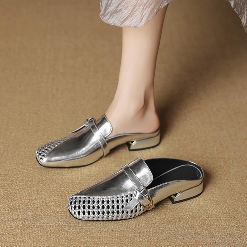 Fashion NEW Summer Women Mules Genuine Leather Shoes for Women Square Toe Chunky Heel Shoes Cover Toe Slingback Sandals Weave Slippers