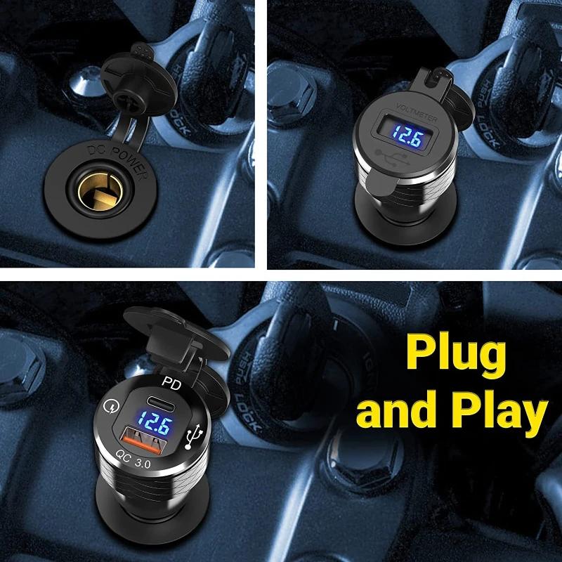 PD 3.0 Type C USB Fast Charger Din To USB and 18W QC 3.0 Power Outlet with Voltmeter for 12V-24V Ducati BMW Motorcycle