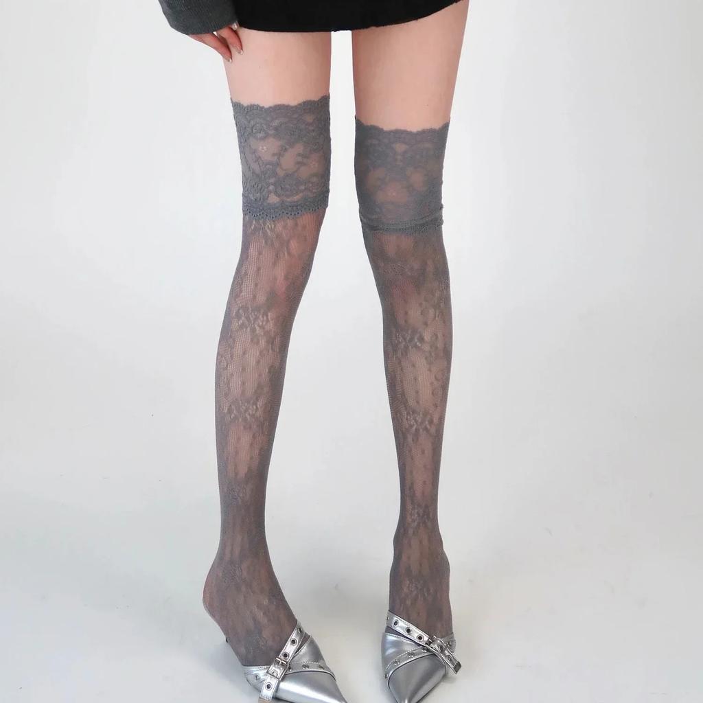 Y2k New Women Flower Lace Fishnet Thigh High Stockings Japanese Style JK Girl Sweet Lace Trim Frilly Over Knee Long Socks