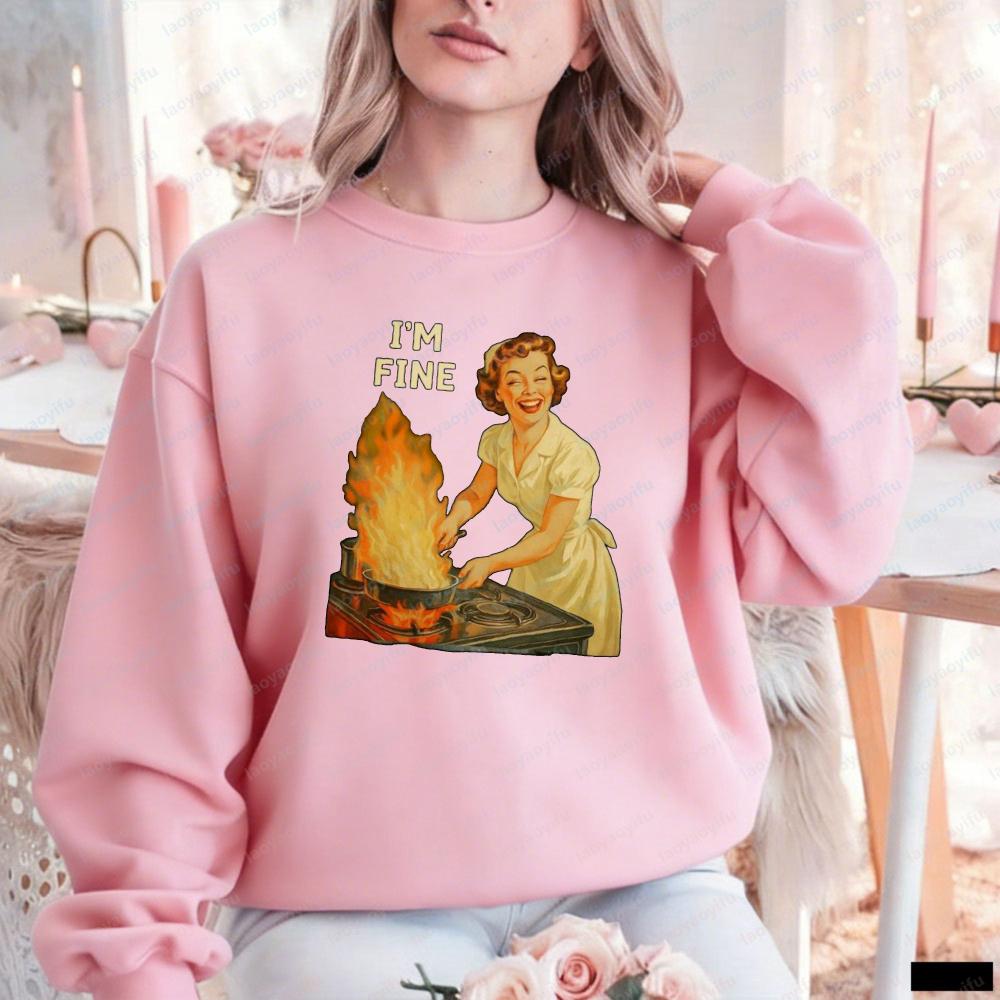 I’m Fine Retro Funny Housewife Graphic Sarcastic for Women USA Autumn and Winter Sweatshirt Long Sleeve Casual Thermal Hoodie