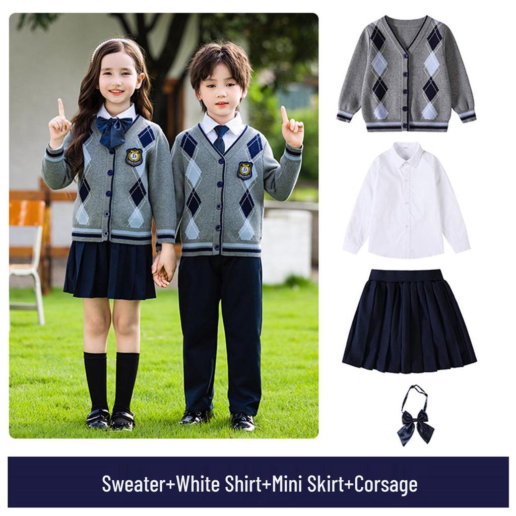 Britský styl Pletený třídílný set školní uniformy pro mateřské a základní školy - Jaro, Podzim a Zima