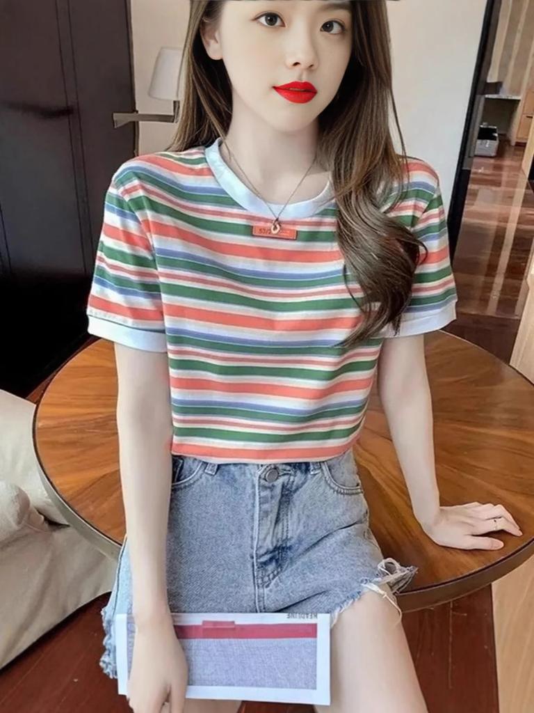 Style Vintage Feeling! Rainbow Color Block Striped T-Shirt Loose Short Sleeve Top for Women Trendy