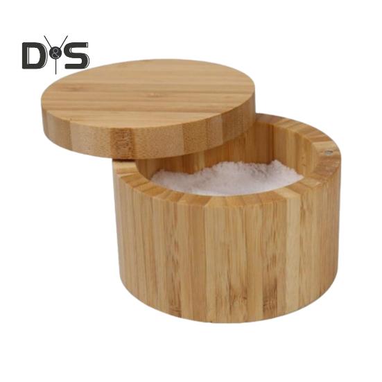 Bamboo Salt Cellar Seasoning Jar with Built-in Spoons Salt Container for Kitchen Swivel Lid Spice Box for Countertop