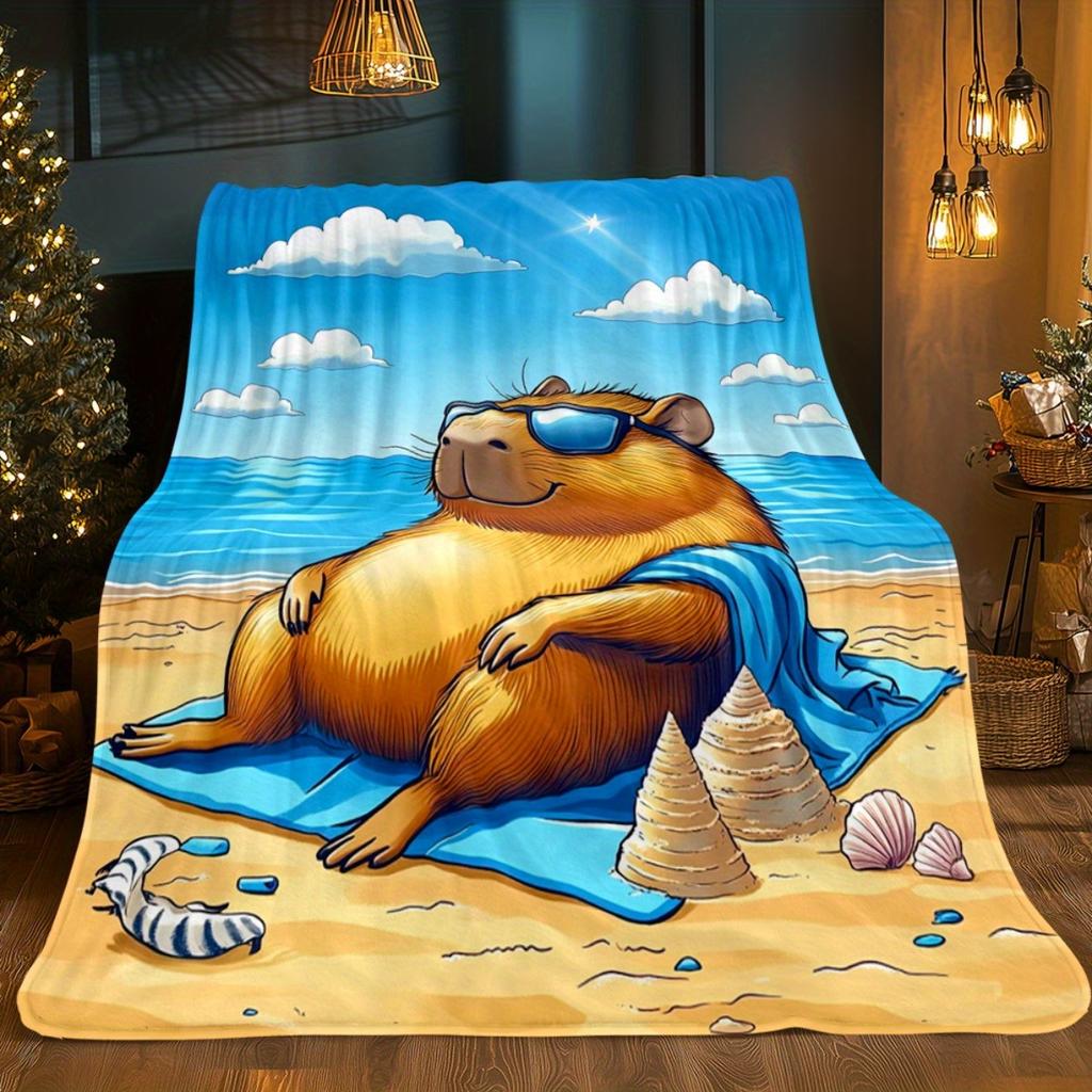 Funny Capybara Beach Vacation Flannel Blanket Summer Holiday Cartoon Animal Soft Cozy Throw Bedding Decor Travel Theme Blanket