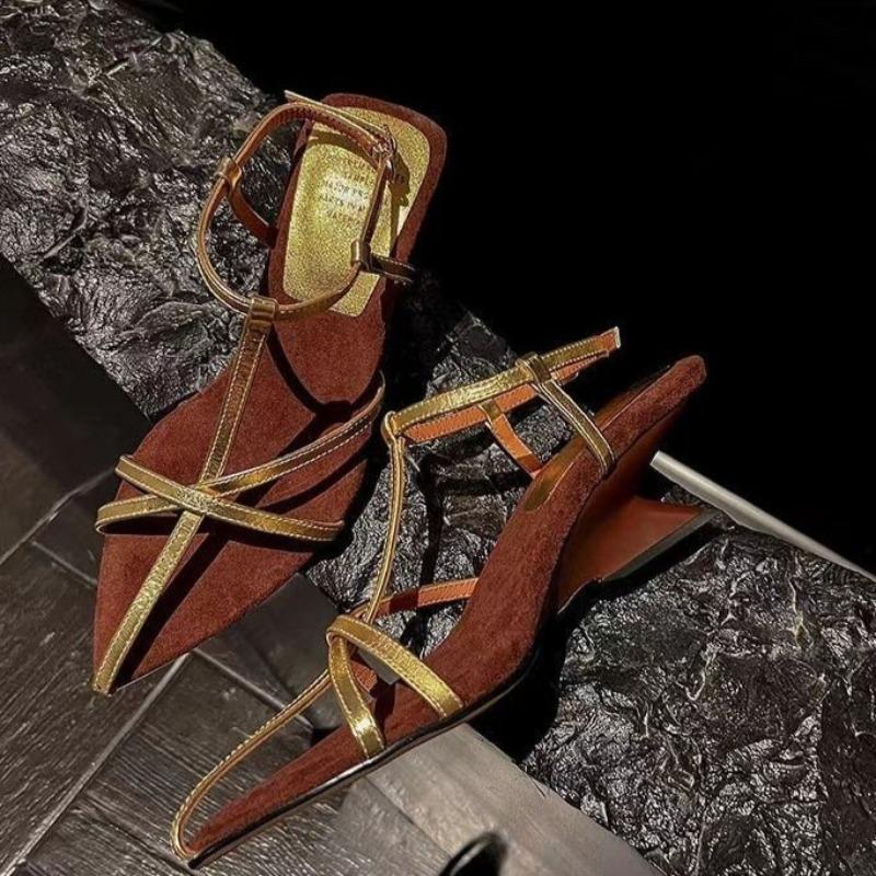 Summer New Sandals Women's Baotou Cross Thin Belt Metal Buckle Anti-slip Wear-resistant Special-shaped Heels