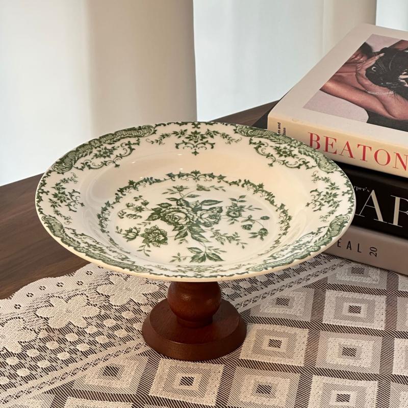 Ruhan Ceramic Light Luxury High-Footed Fruit/Soup Plate with Wooden Base