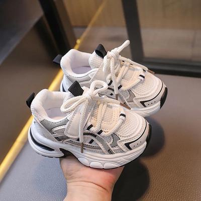 New Four Seasons Color Blocked Children's Mesh Sports Shoes Kids Lace Up Decoration Boy Girl Soft Thick Sole Non Slip Sneakers