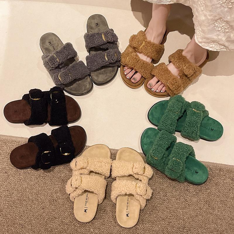 New spring and autumn flat-bottomed versatile casual fluffy slippers women's fashion one-word slippers women's trendy shoes