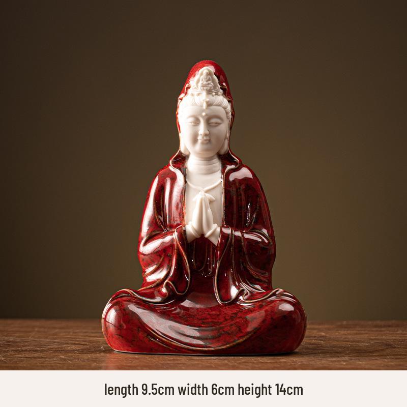 Ceramic Seated Guanyin On Lotus with Light Ring and Anjali Mudra for Home Decor