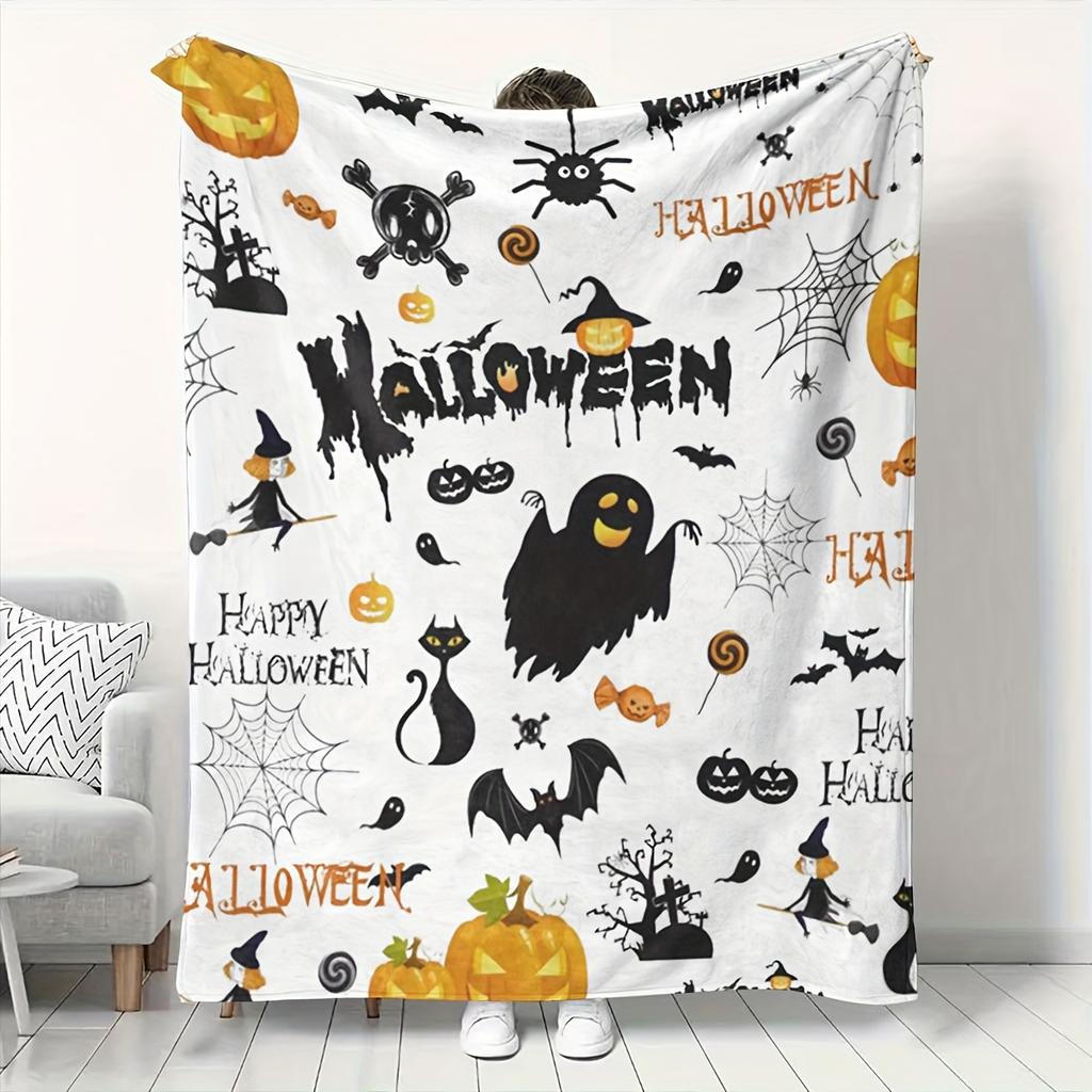 1pc Halloween Blanket - Soft Flannel Throw with Jack-O'-Lanterns, Bats, Ghosts, spiders - Black/Orange/White/Gray Halloween Deco