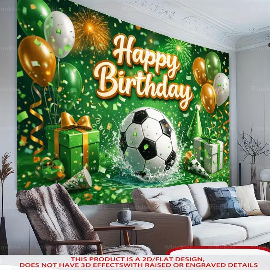 1pc 2D Flat Soccer Theme Birthday Party Banner Green Gold Holiday Decor Backdrop For Garden Patio Indoor Outdoor Party Celebration Photo