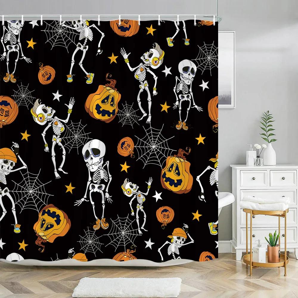 Kids Halloween Shower Curtains Purple Orange Funny Hallowmas Bath Bathroom Decors Grimace Pumpkins Spooky Skulls Shower Curtain
