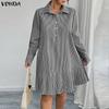 VONDA Elegant Women Lapel Neck Long Sleeve Striped Ruffled Casual Shirts Dress