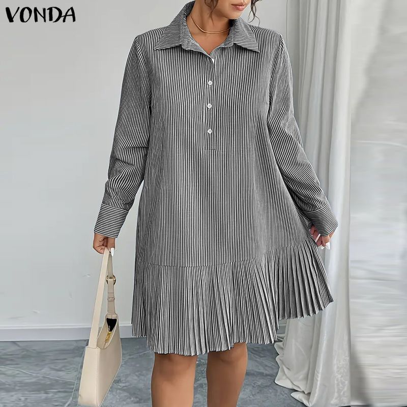 VONDA Elegant Women Lapel Neck Long Sleeve Striped Ruffled Casual Shirts Dress