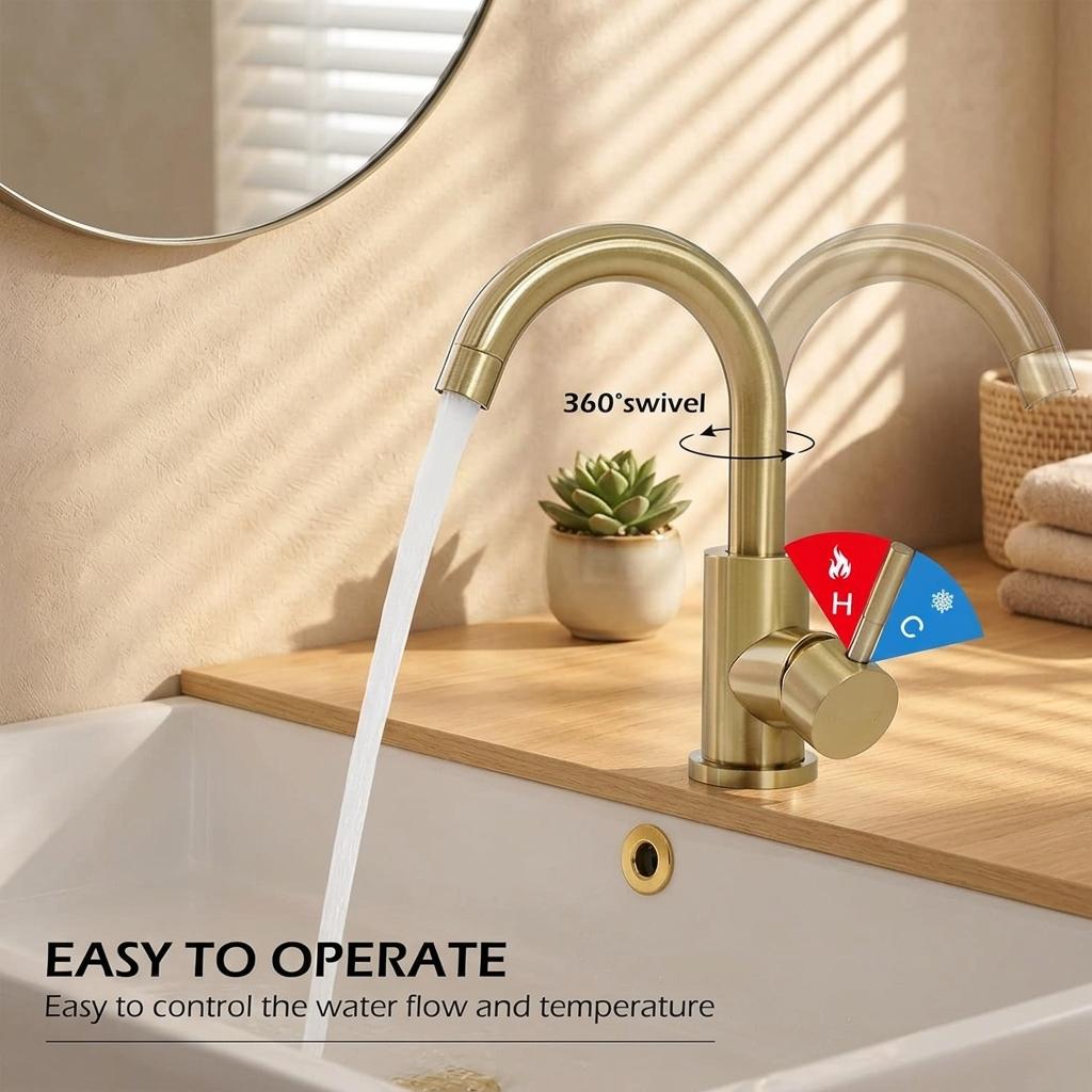 Modern Stainless Steel Brushed Gold Single-hole Handle Ceramic 360-degree Rotate Hot Cold Hotel Kitchen Faucet